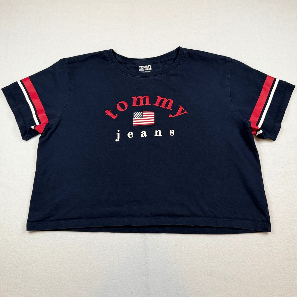 Tommy Jeans Womens Navy Blue Cropped Graphic T-Shirt American Flag Med